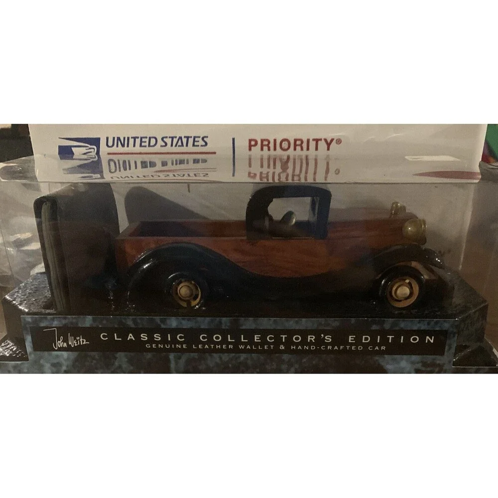 John Weitz Collector Edition Hand Crafted Toy Wood Car & Genuine Leather Wallet